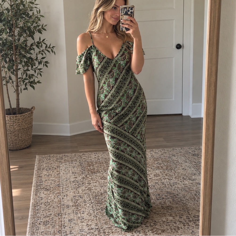 Gold Hawk Silk Paisley Maxi Dress Green Brown Size S New Boho Maximalist Classy